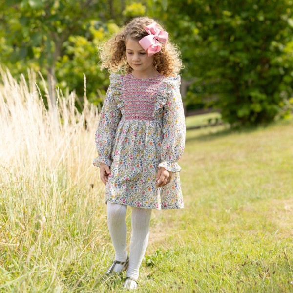 Anna Pavlova Dress Secret Garden Linen with Sweet William Hand Smocking