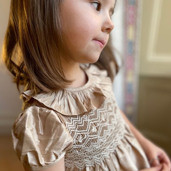 Diana Special Occasion Dress Champagne Silk with Gypsophila Hand Smocking Diana Special Occasion Dress Champagne Silk with Gypsophila Hand Smocking