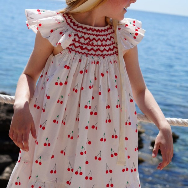 Indira Gandhi Flutter Dress Mon Cherry Cotton with a La Mode Hand Smocking Indira Gandhi Flutter Dress Mon Cherry Cotton with a La Mode Hand Smocking