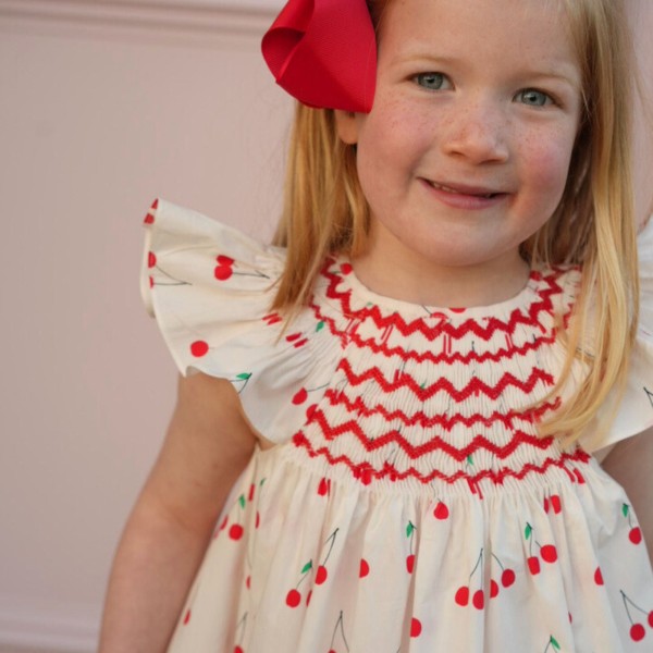 Indira Gandhi Flutter Dress Mon Cherry Cotton with a La Mode Hand Smocking Indira Gandhi Flutter Dress Mon Cherry Cotton with a La Mode Hand Smocking