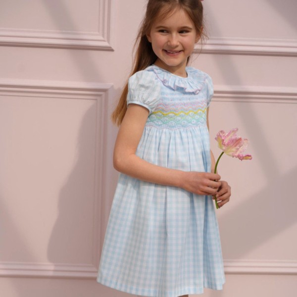 Katherine Johnson Dress Blue Sky Gingham with Rainbow Hand Smocking