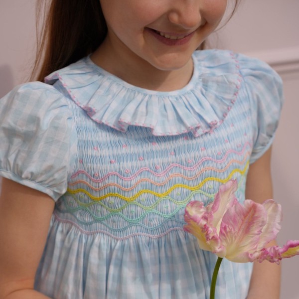Katherine Johnson Dress Blue Sky Gingham with Rainbow Hand Smocking