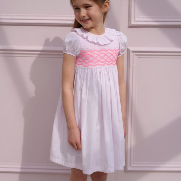Katherine Johnson Dress Pink Grid Cotton with Strawberrylicious Hand Smocking