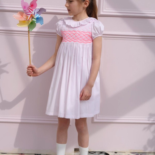 Katherine Johnson Dress Pink Grid Cotton with Strawberrylicious Hand Smocking