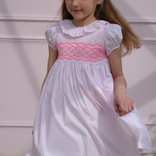 Katherine Johnson Dress Pink Grid Cotton with Strawberrylicious Hand Smocking