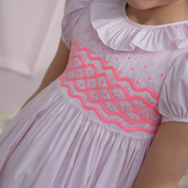 Katherine Johnson Dress Pink Grid Cotton with Strawberrylicious Hand Smocking
