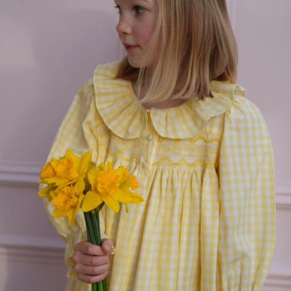 Nightingale Girl's Dress Primrose Gingham with Daffodil Hand Smocking