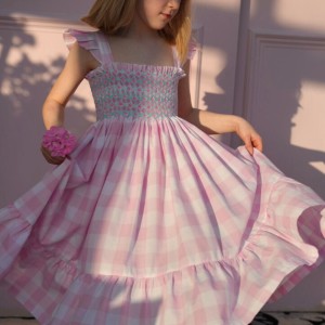 Rachel Carson Girls Dress Candy Floss Gingham with Spearmint Hand Smocking