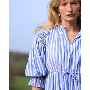 Aloha Wanderwell Dress Ocean Stripe with White Honeycomb Hand Smocking