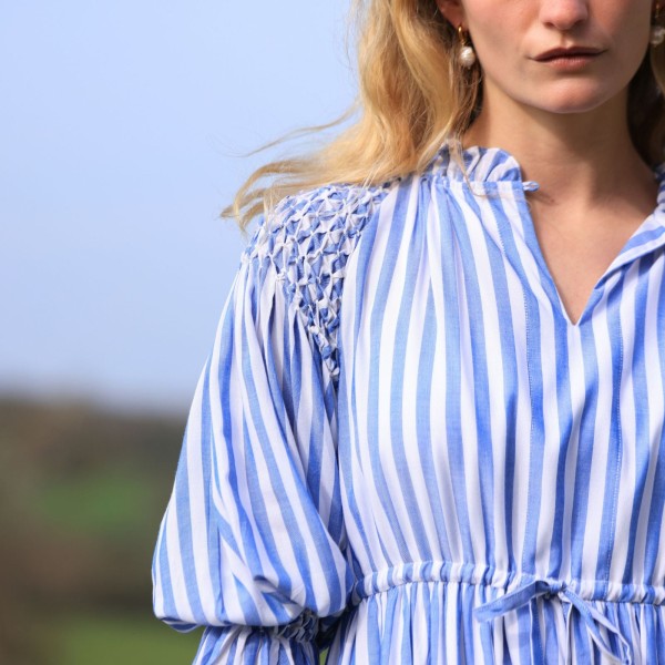 Aloha Wanderwell Dress Ocean Stripe with White Honeycomb Hand Smocking