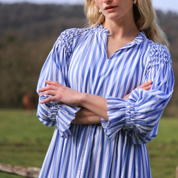Aloha Wanderwell Dress Ocean Stripe with White Honeycomb Hand Smocking