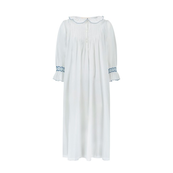 Bessie Coleman Women's Dress Moonstone Cotton with Sapphire Hand Smocking