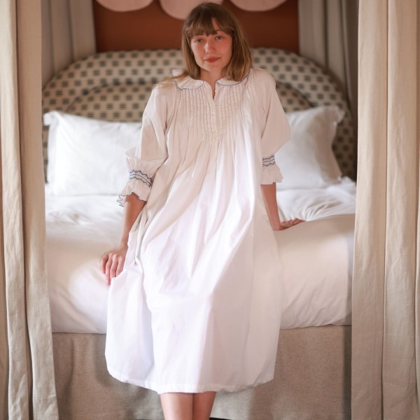 Bessie Coleman Women's Dress Moonstone Cotton with Sapphire Hand Smocking