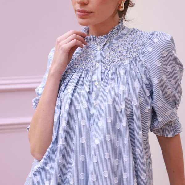 Scholl Blouse Bubble Weave Cotton with Double Cream Hand Smocking Edition 60
