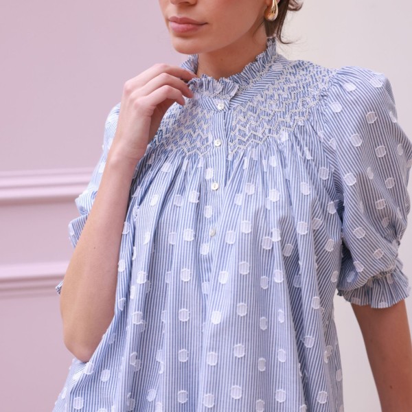 Scholl Blouse Bubble Weave Cotton with Double Cream Hand Smocking Edition 60