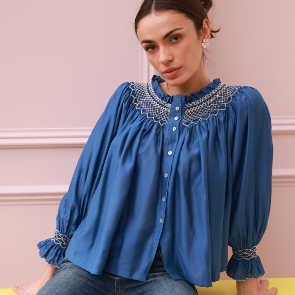 Cleopatra Blouse Cobalt Silk Cotton Sapphire with Vanilla Hand Smocking Edition 33