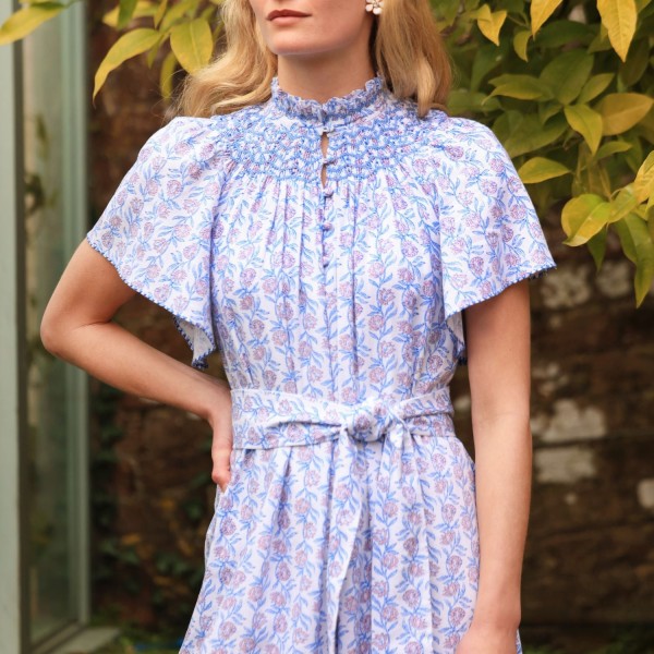 Colette Dress Passionflower Trellis with Delphinium Blue Hand Smocking Colette Dress Passionflower Trellis with Delphinium Blue Hand Smocking