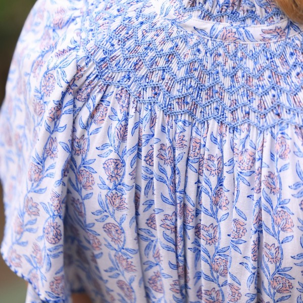 Colette Dress Passionflower Trellis with Delphinium Blue Hand Smocking Colette Dress Passionflower Trellis with Delphinium Blue Hand Smocking