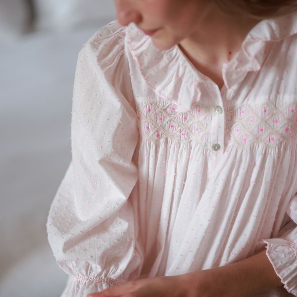 Nightingale Women's Dress Powder Puff Plumetti with Marshmallow Hand Smocking