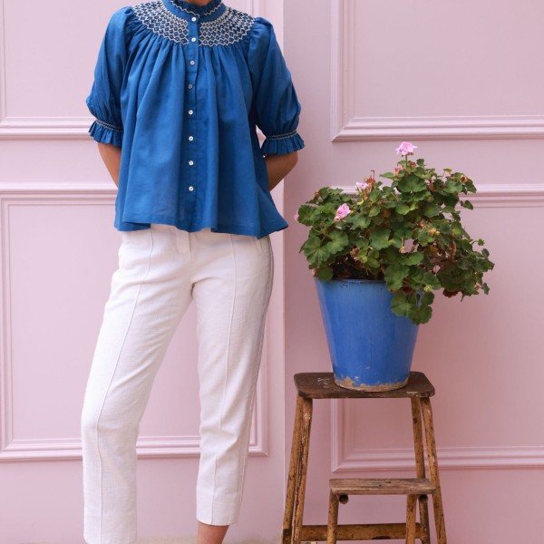 Scholl Blouse Cobalt Linen with Vanilla Hand Smocking Edition 54