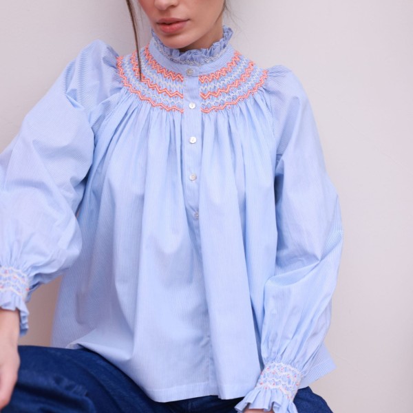 Scholl Blouse Oxford Stripe with Orange Blossom Hand Smocking Edition 62