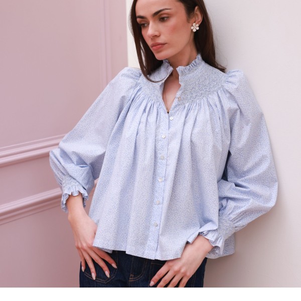 Scholl Blouse Periwinkle Ditsy with Blue Mist Hand Smocking Edition 63