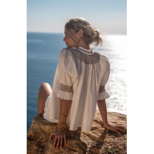 Scholl Women's Summer Blouse White with Chocolate Brown Hand Smocking Scholl Women's Summer Blouse White with Chocolate Brown Hand Smocking