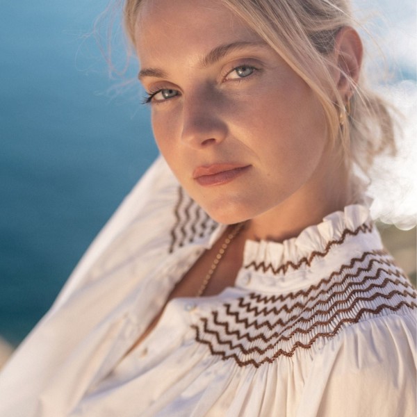 Scholl Women's Summer Blouse White with Chocolate Brown Hand Smocking
