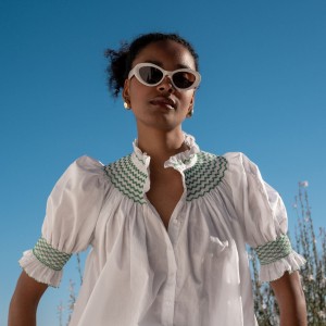 Scholl Women's Summer Blouse White with Green Apple Hand Smocking Scholl Women's Summer Blouse White with Green Apple Hand Smocking
