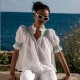 Scholl Women's Summer Blouse White with Green Apple Hand Smocking