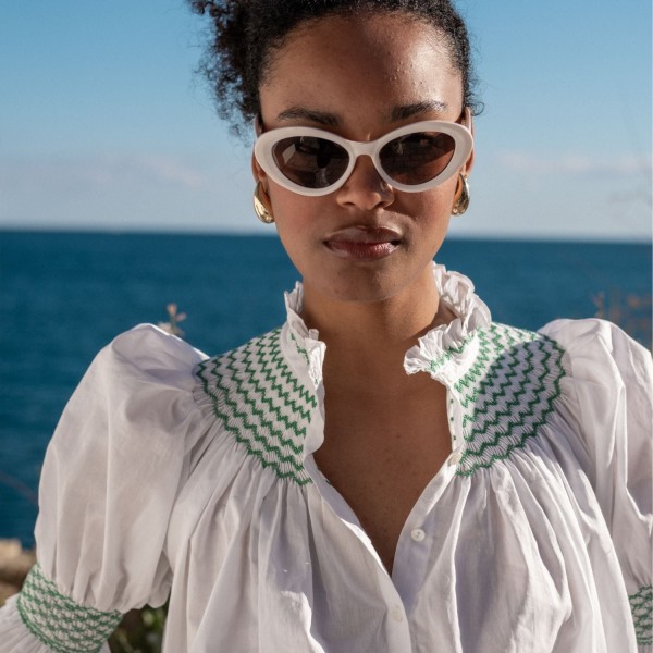 Scholl Women's Summer Blouse White with Green Apple Hand Smocking