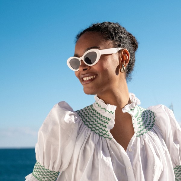Scholl Women's Summer Blouse White with Green Apple Hand Smocking