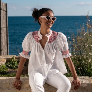 Scholl Women's Summer Blouse White with Pillar Box Red Hand Smocking Scholl Women's Summer Blouse White with Pillar Box Red Hand Smocking