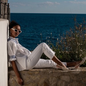 Scholl Women's Summer Blouse White with Sapphire Hand Smocking Scholl Women's Summer Blouse White with Sapphire Hand Smocking