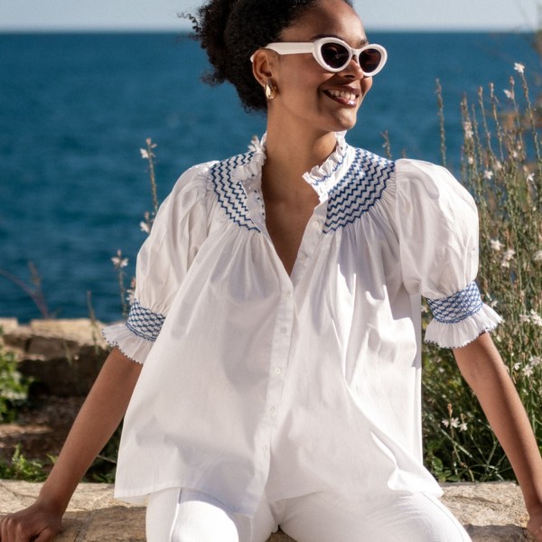 Scholl Women's Summer Blouse White with Sapphire Hand Smocking