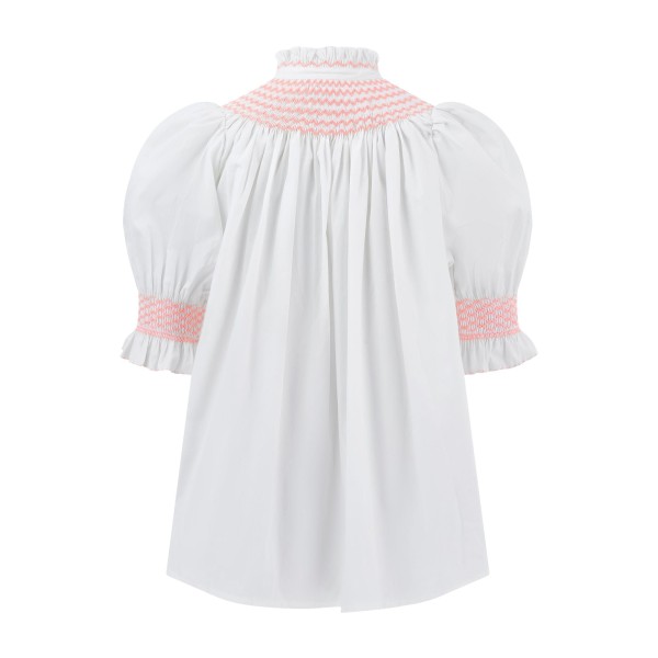Scholl Women's Summer Blouse White with Coral Hand Smocking