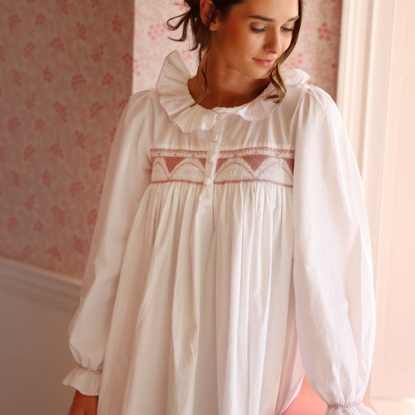 Nightingale Women's Dress Long Sleeves Moonstone with Kir Royale Hand Smocking