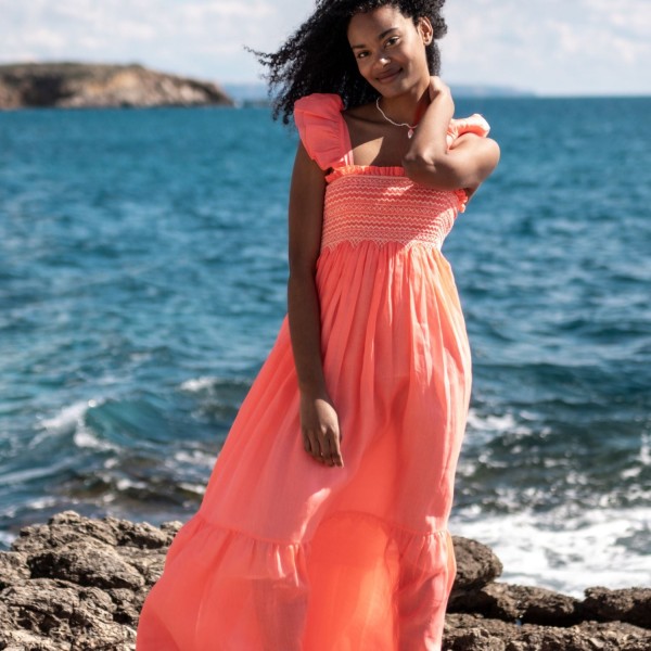 Wallis Simpson Dress Coral Dreams Organdie with Chantilly Hand Smocking Wallis Simpson Dress Coral Dreams Organdie with Chantilly Hand Smocking