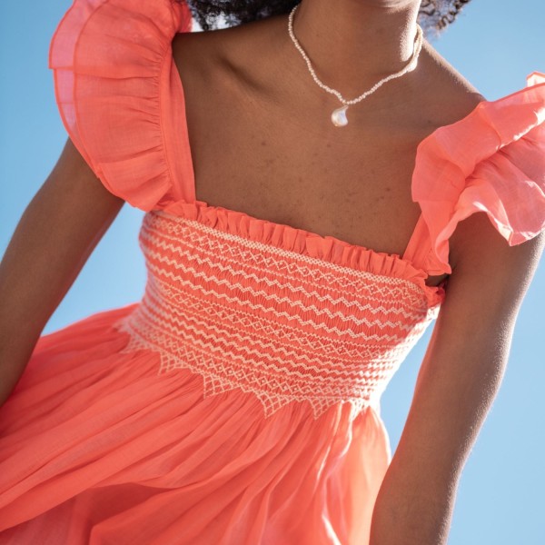 Wallis Simpson Dress Coral Dreams Organdie with Chantilly Hand Smocking Wallis Simpson Dress Coral Dreams Organdie with Chantilly Hand Smocking